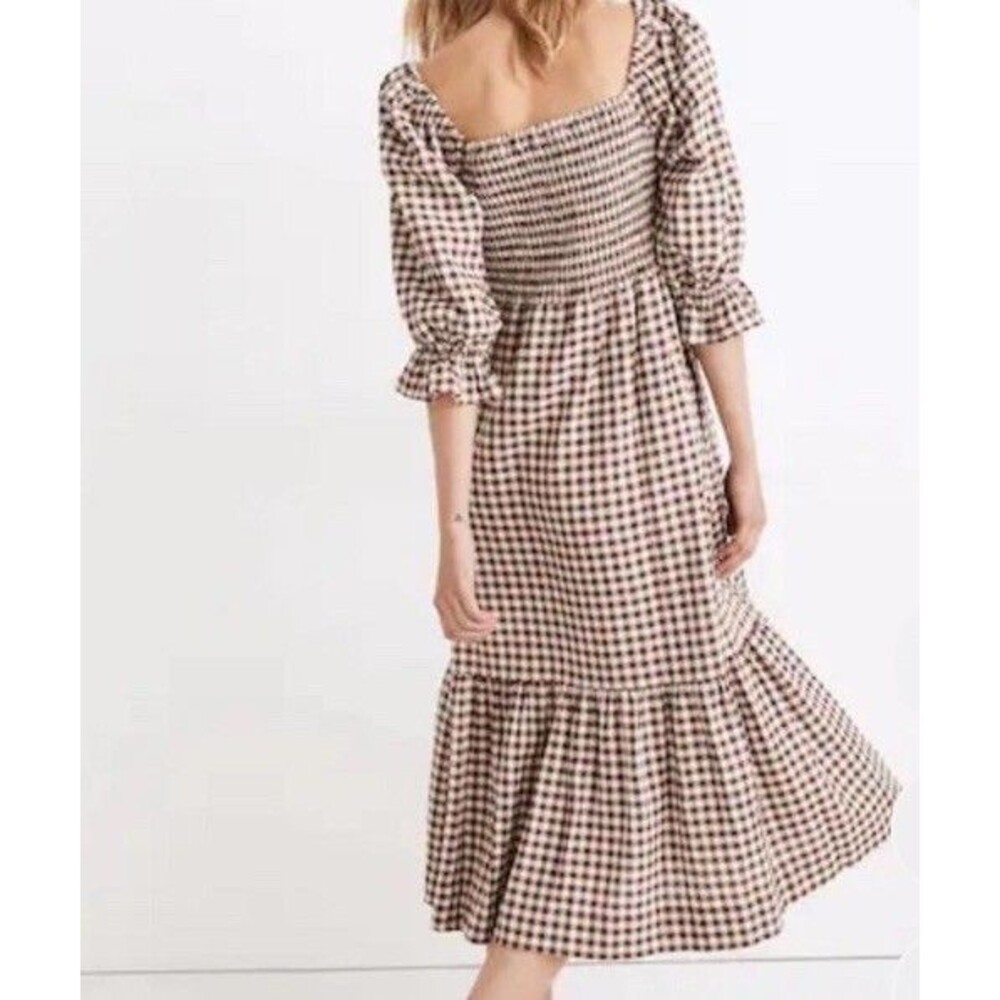 Madewell Lucie Smocked Gingham Midi Dress Brown White Puff Sleeve Cotton Sz XXS - Picture 3 of 16
